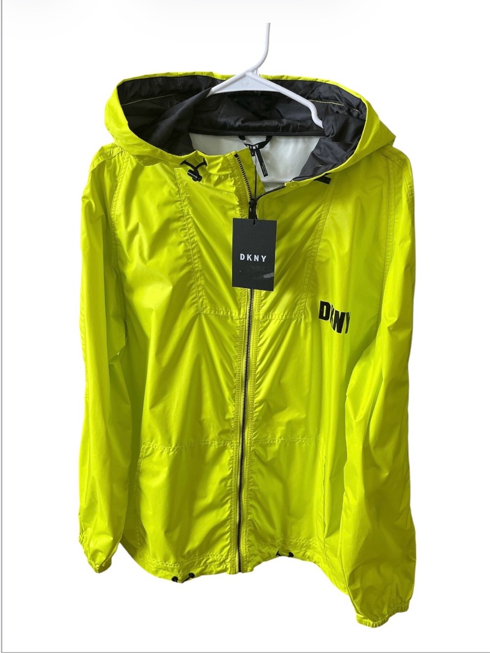 NWT DKNY Neon Lime Hooded Windbreaker Jacket - Vibrant Yellow - Size L